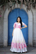 Jyoti Fashion Women's White Floral Digital Printed Chinon Anarkali Dress