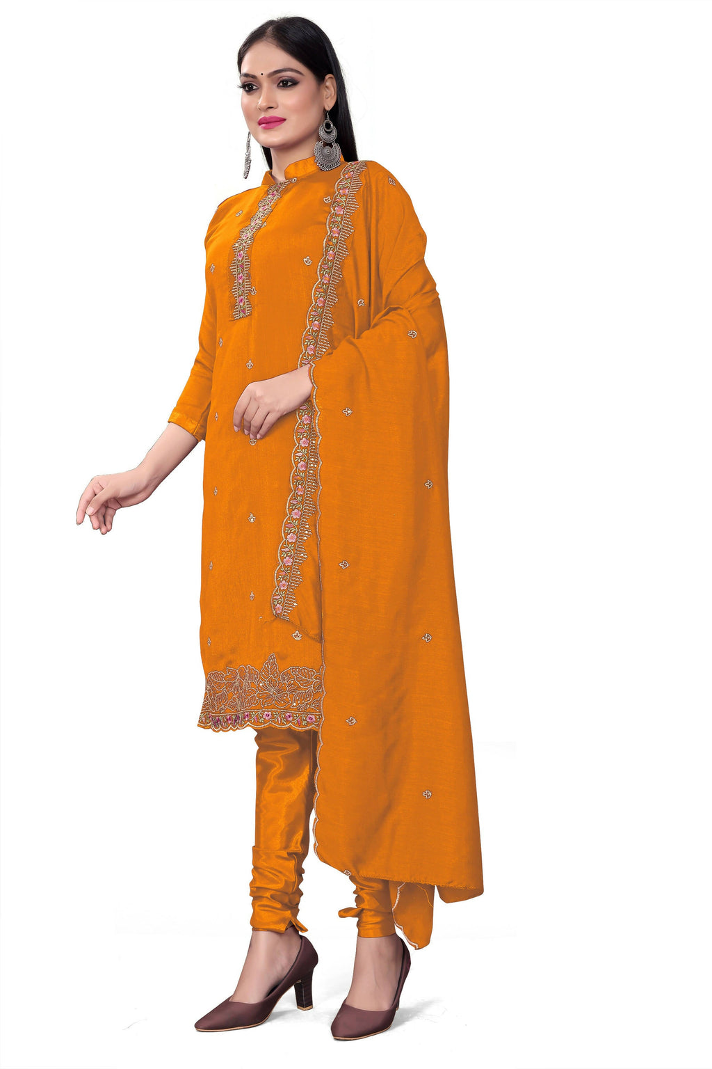 Mustard Silk Embroidered with Sequins work Unstitched Dress Material - Tanvi