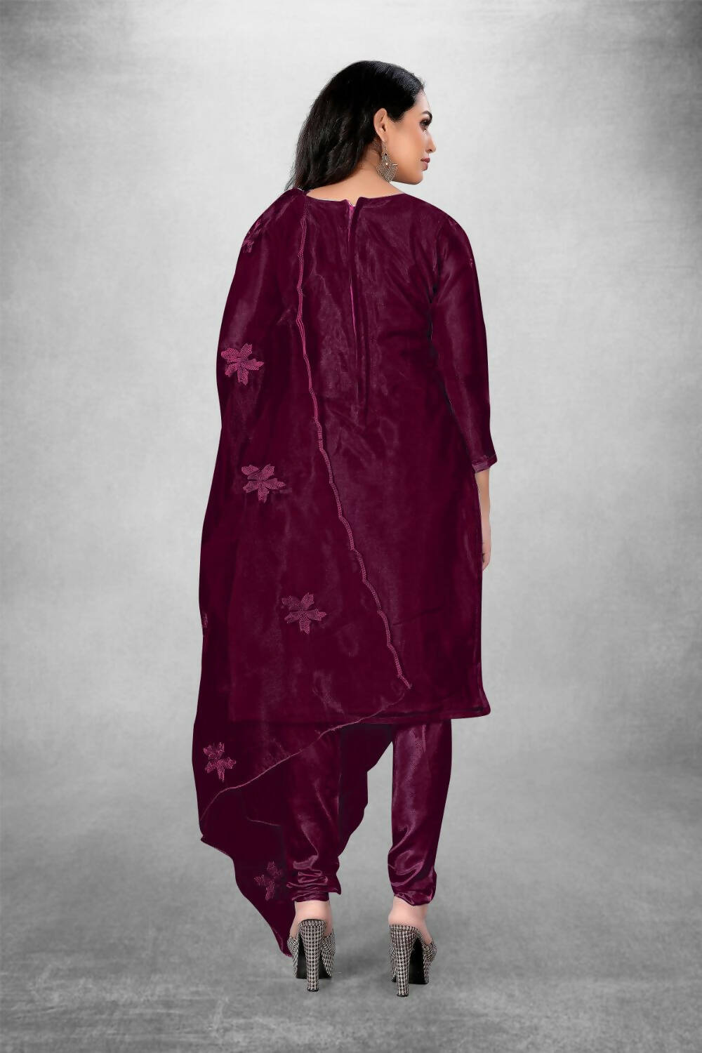 Wine Heavy Organza Silk Embroidered Unstitched Dress Material - Amara