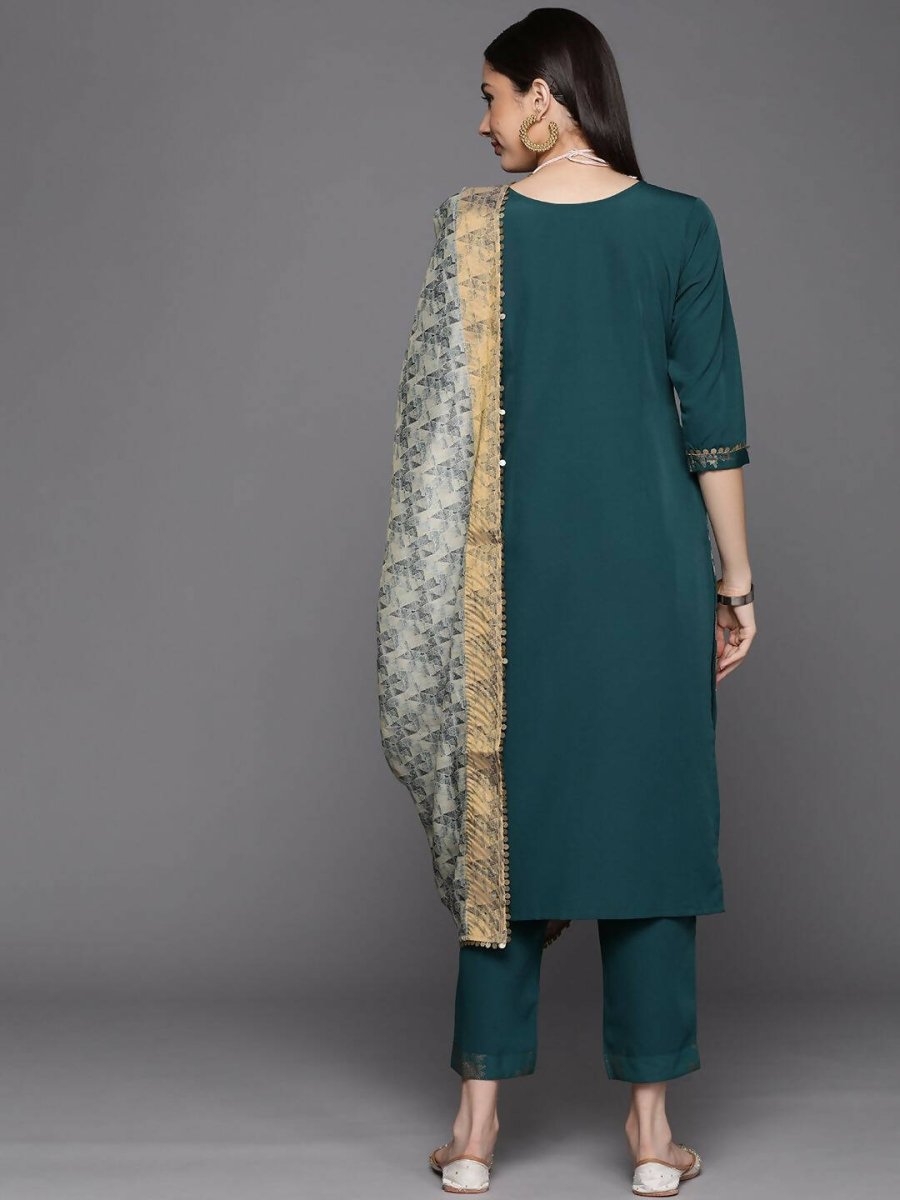 Ahalyaa Womens Dark Green Crepe Smoke Printed Kurta Pant Set With Dupatta