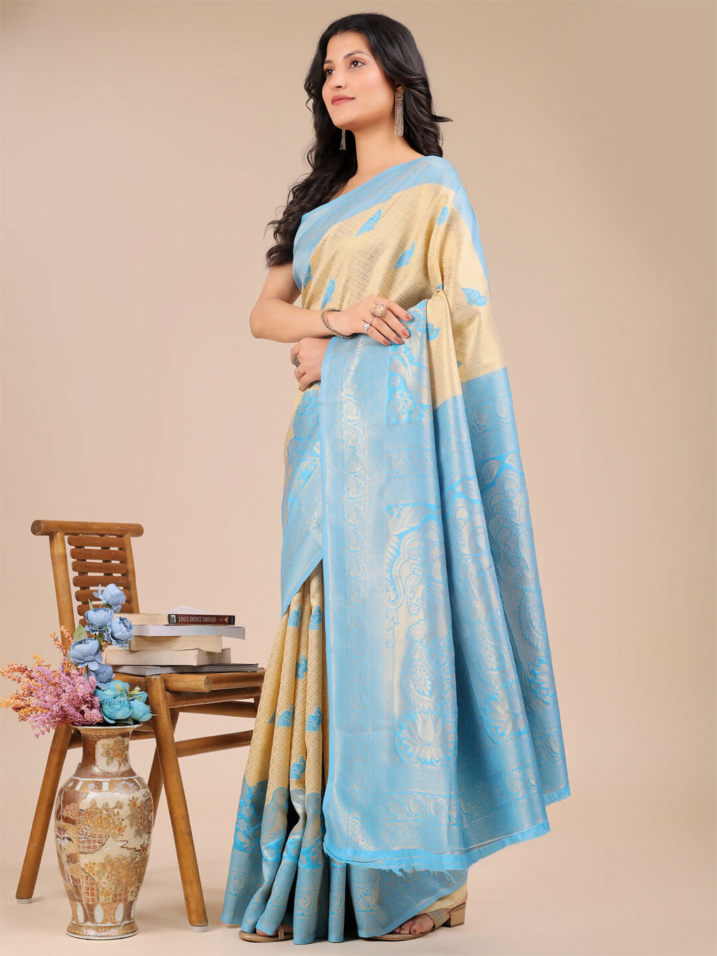 Shree Shyam Fashion Banarasi Silk Cream & Sky Blue Saree