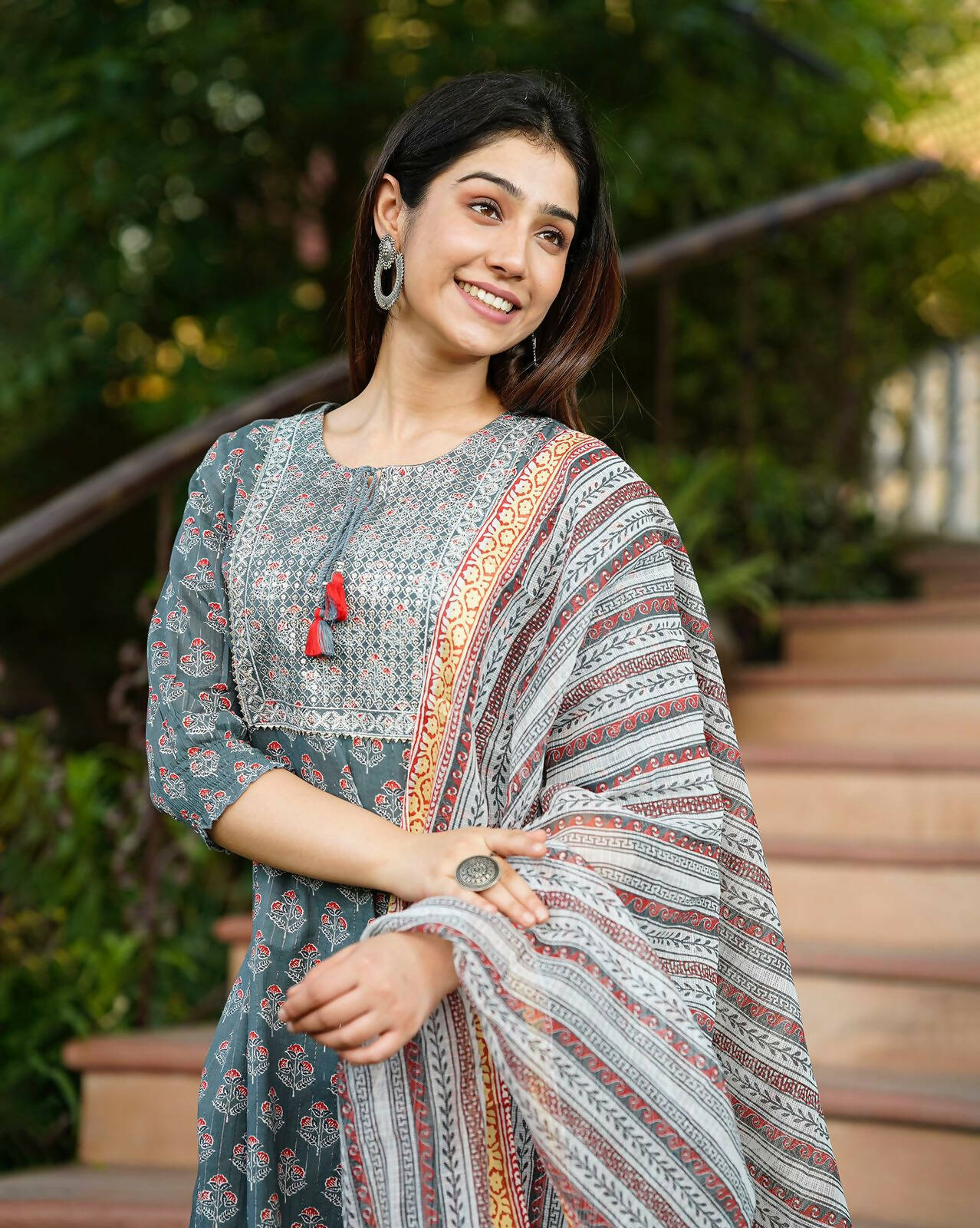 Juniper Women's Grey Cotton Printed Straight Kurta Pant Dupatta Set
