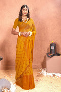 Mustard Chiffon Foil Printed Saree with Unstitched Blouse Piece - Rajal