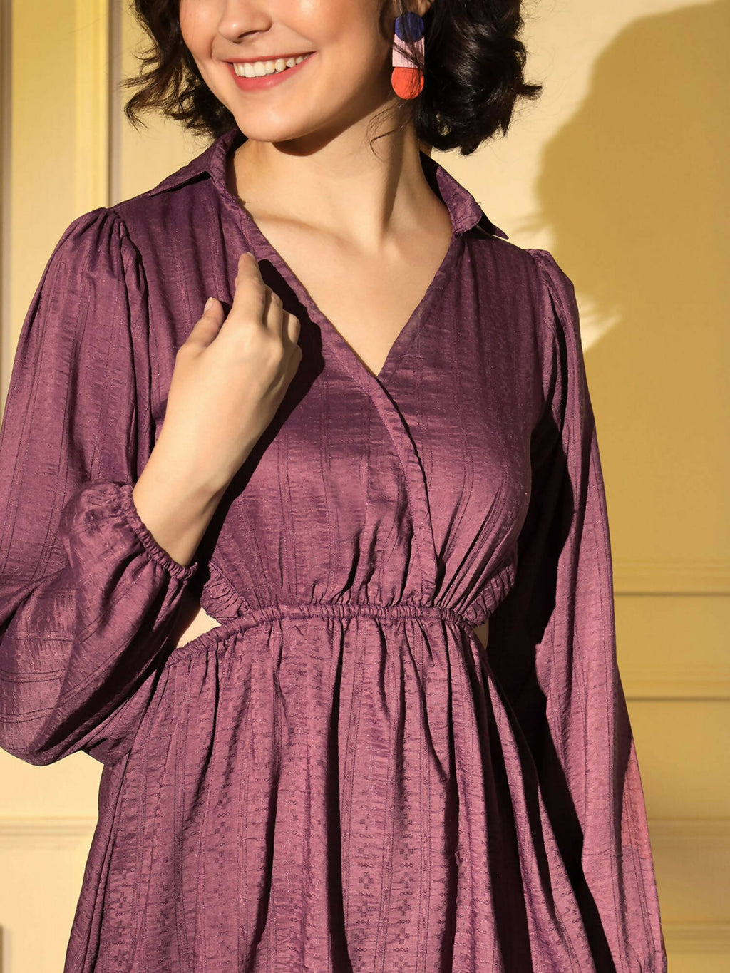 Wine Viscose Solid Flared Dress - Shivani