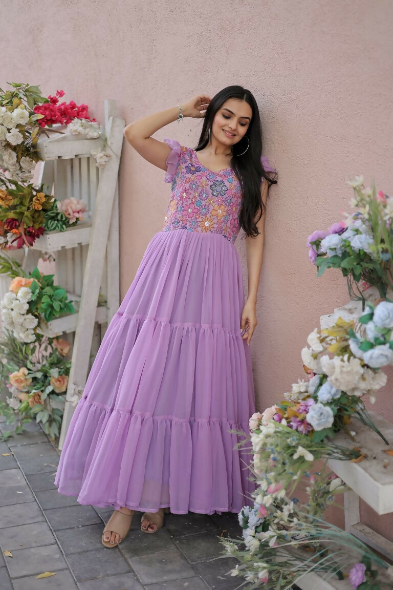 Jyoti Fashion Women's Purple Printed with Sequins Faux Georgette Anarkali Dress