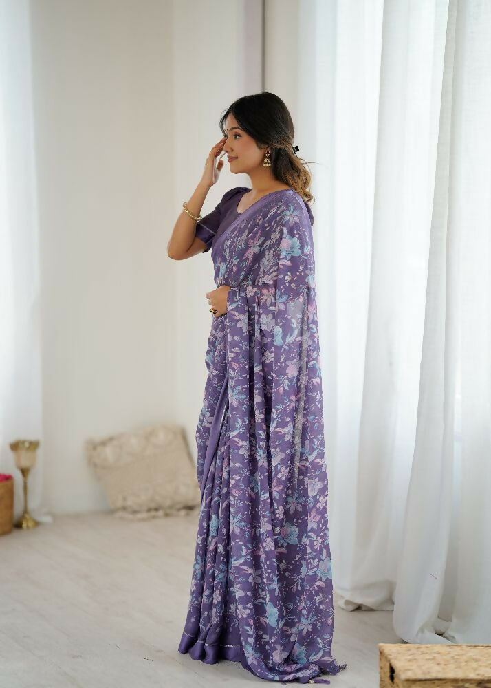 PR Fashion Lavender Bright Moss Satin Patta Printed Saree