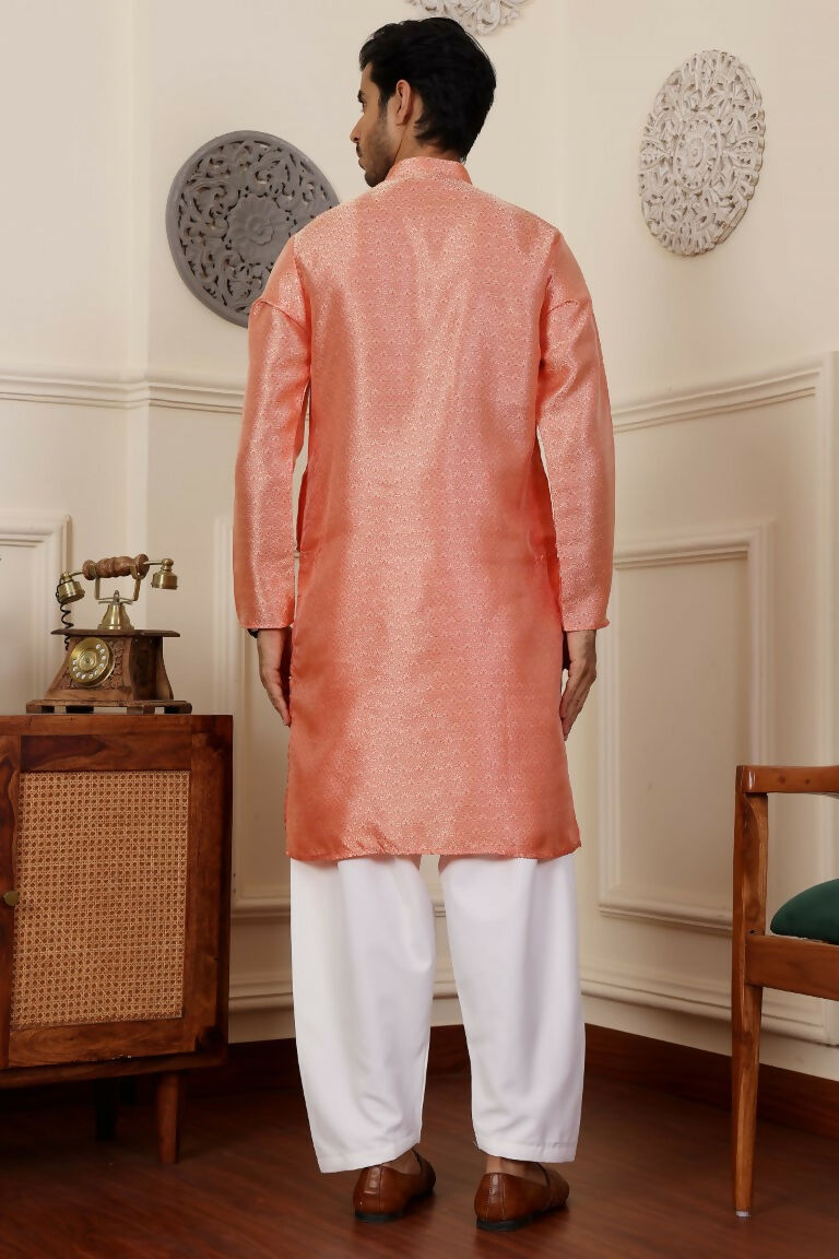 Orange Viscose Woven Jacquard Work Men's Rajwadi Kurta Set - Mahotsav