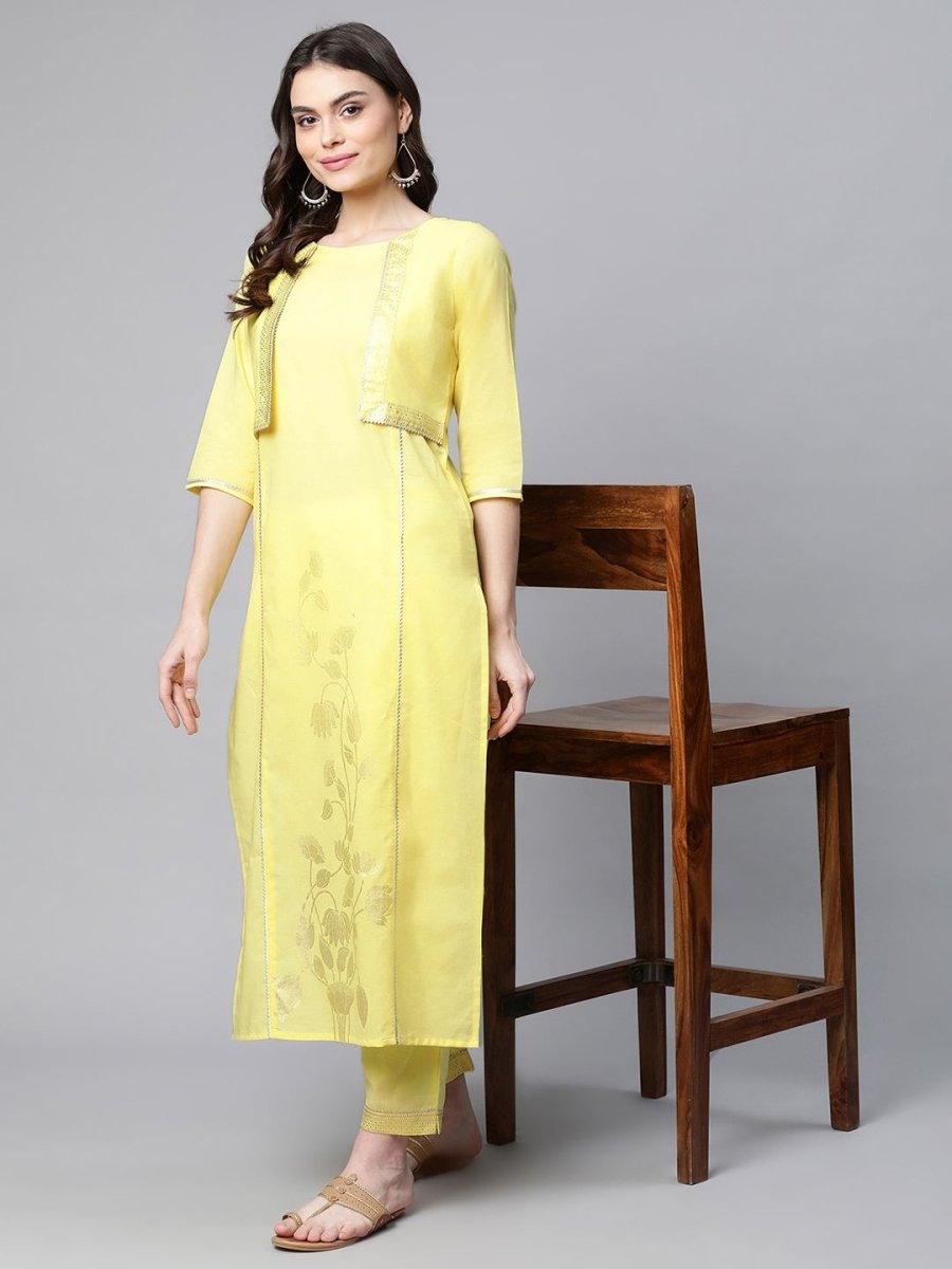 Ahalyaa Women Yellow Pure Cotton Printed Floral Kurta With Trousers