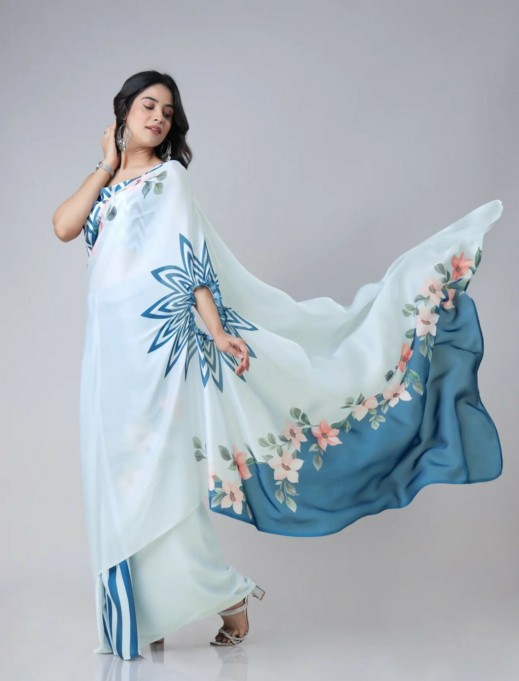 Vastranavya Icy Blue Freehand with Navy Starburst & Floral Print Ready to Wear Saree