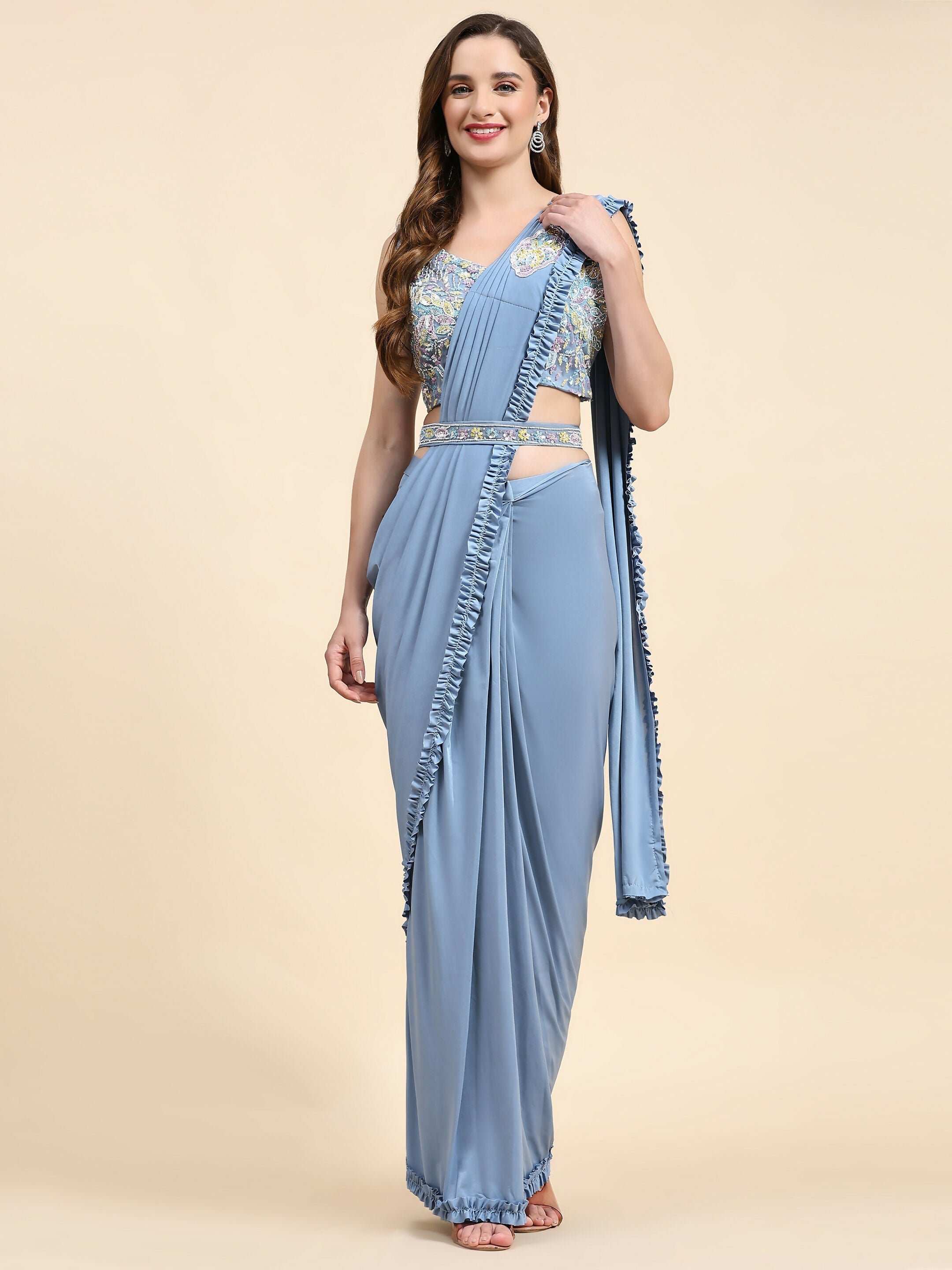 Blue Lycra Solid Ready to wear Saree with stitched Blouse - Vanita