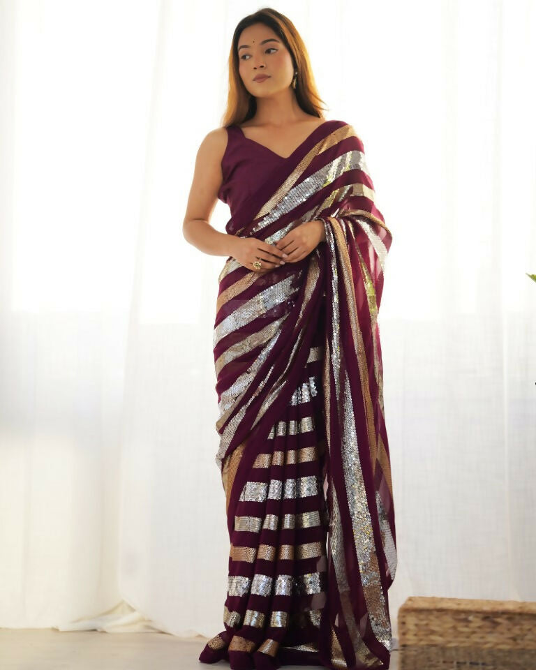 Wine Georgette Sequance Embroidery Work Border Saree - Sitare