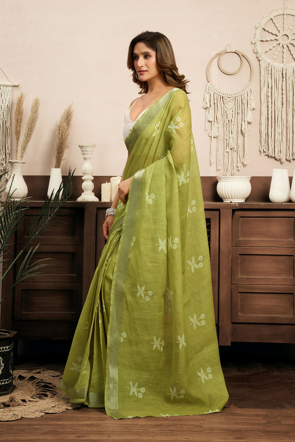 Vastranavya Mehendi Digital Printed Linen Ready To Wear Designer Saree with Unstitched Blouse
