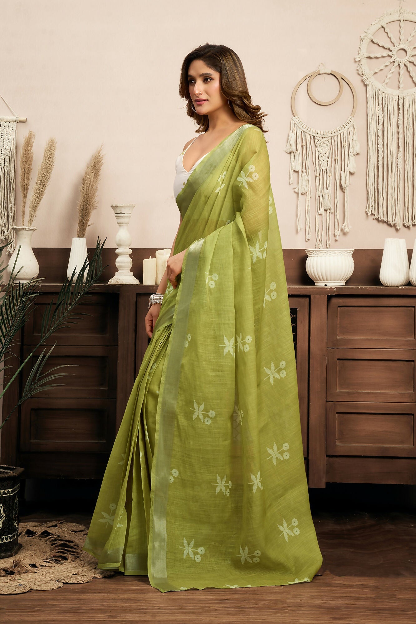 Vastranavya Mehendi Digital Printed Linen Ready To Wear Designer Saree with Unstitched Blouse