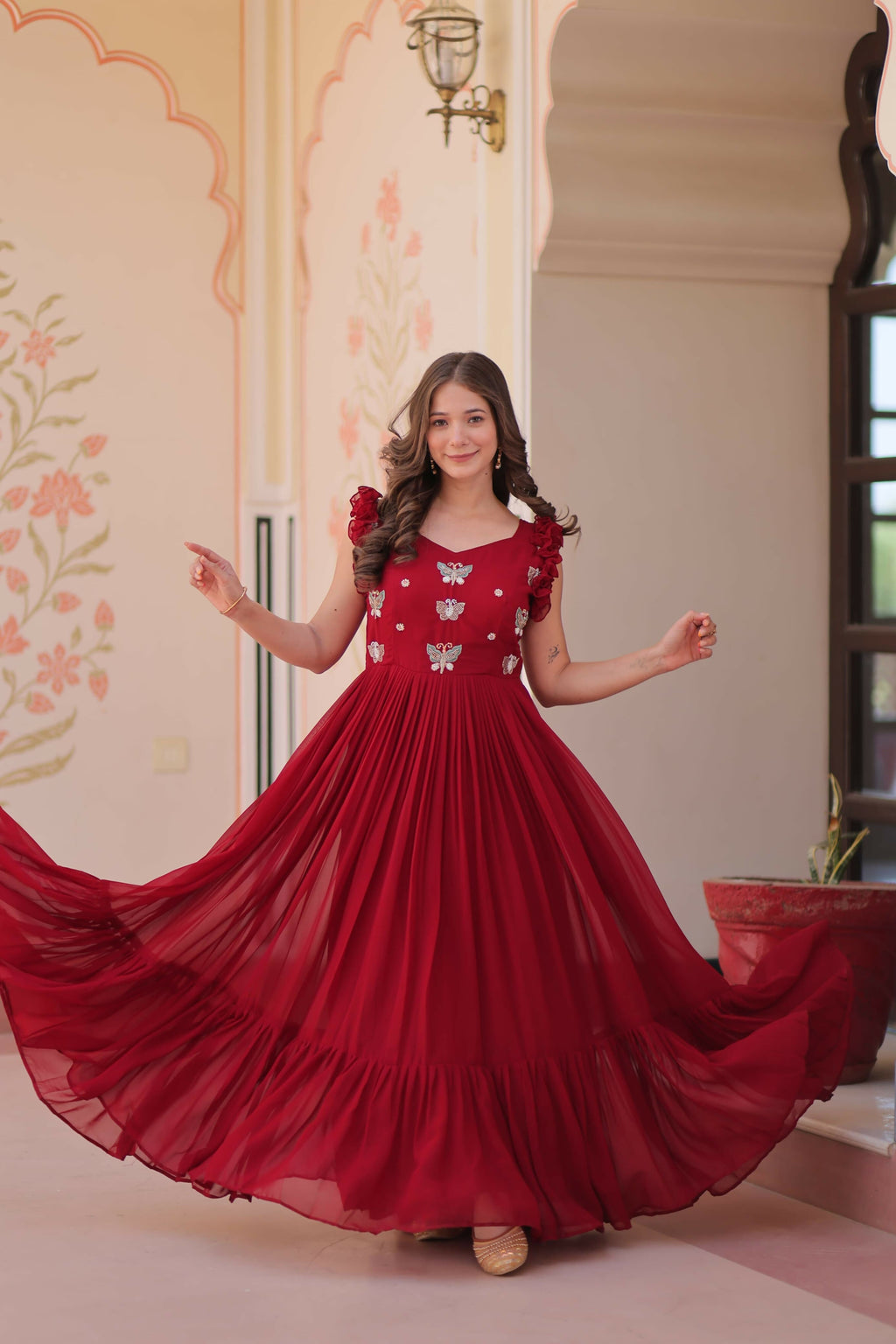 Vastranavya Maroon Faux Blooming With Sequins Multithreaded Beads Embroidered work Gown