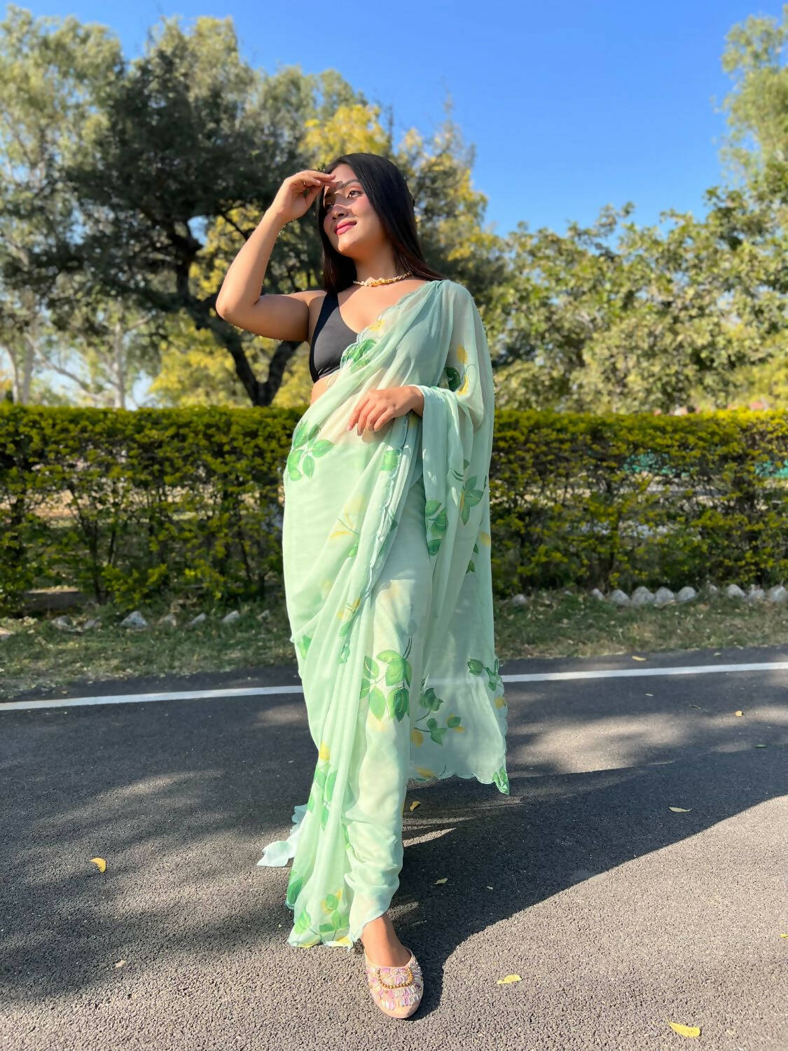 Vamsee Green Chiffon Designer Saree