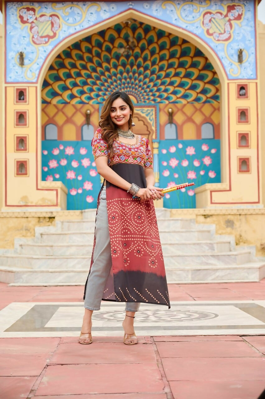 Vastranavya Maroon Navratri Special Kutchi Gamthi Work with Printed Kurti