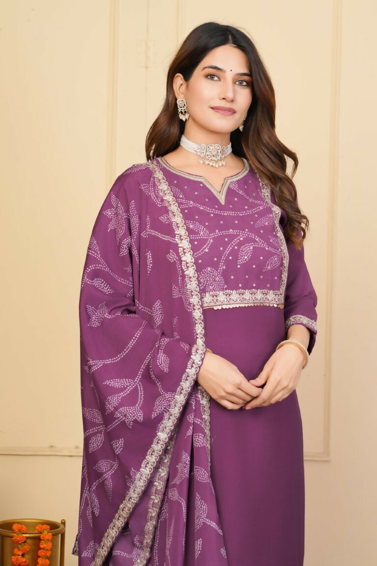 Wine Viscose Chanderi Embroidered Stitched Suit With Dupatta - Tanisha