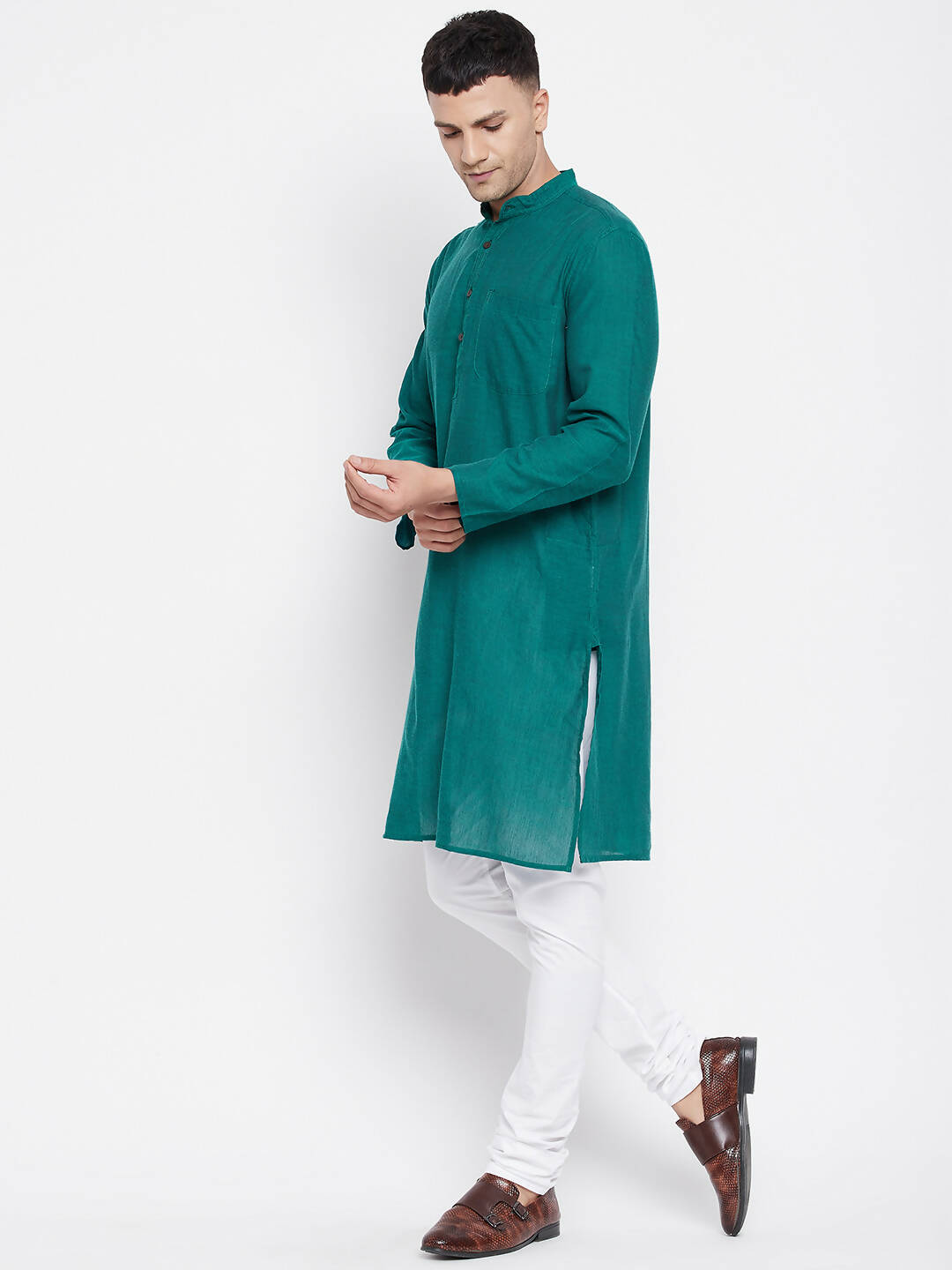 Even Apparels Green Rayon Men's Kurta With Band Collar
