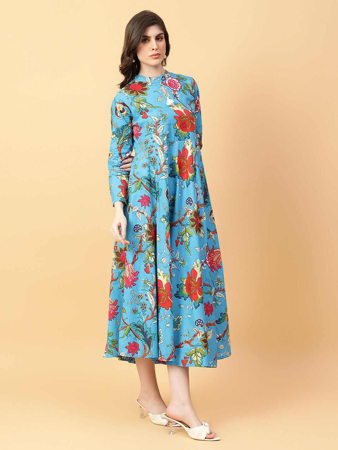 Joban Fashion Turquise Blue Cotton Printed & Hand Work Dress