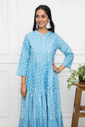 Myshka Women Blue Floral Cotton A-Line Mandarin Collar Long Dress