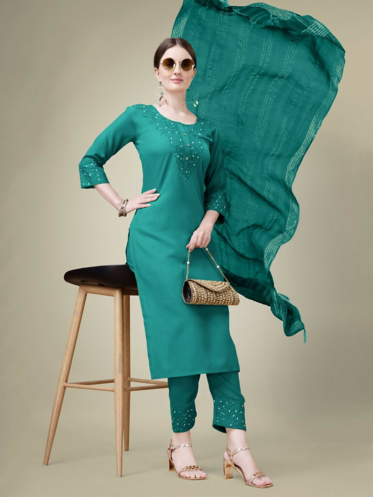 Jyoti Fashion Women's Teal Cotton Blend Embroidery & Sequence work Kurta with Trouser & Dupatta