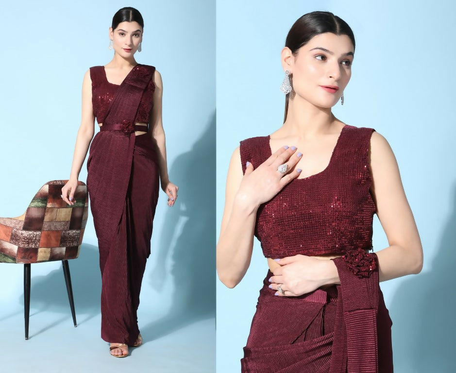 Maroon Imported Crush Lycra Texture Pattern Ready to Wear Saree with stitched Blouse - Nirvana