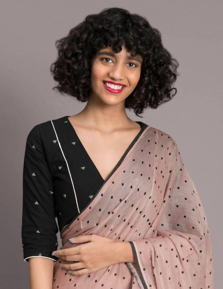 Suta Brown Black Polka Dots Printed Pure Cotton Saree