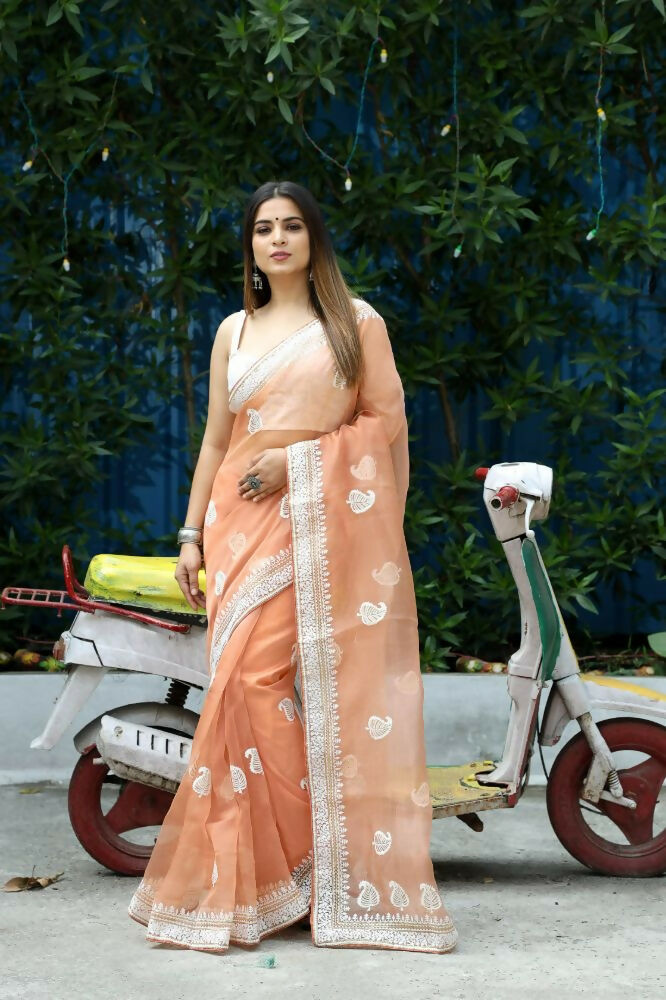 Vamsee Cotton Kerry Orange Organza Saree