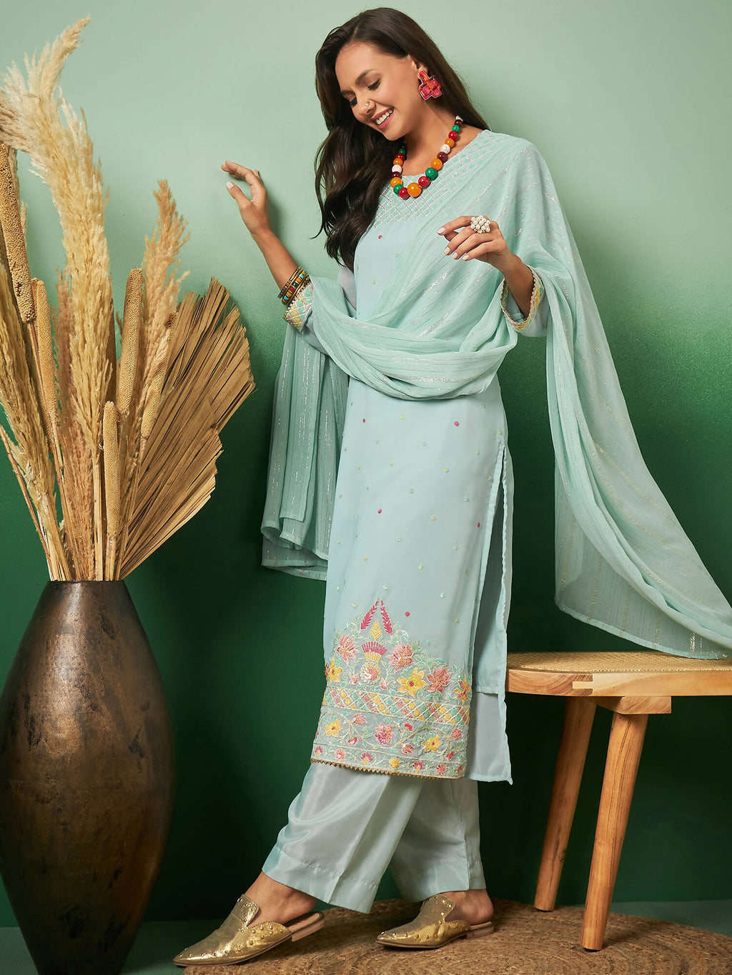 Sky Blue Georgette Handwork Unstitched Dress Material - Hanika