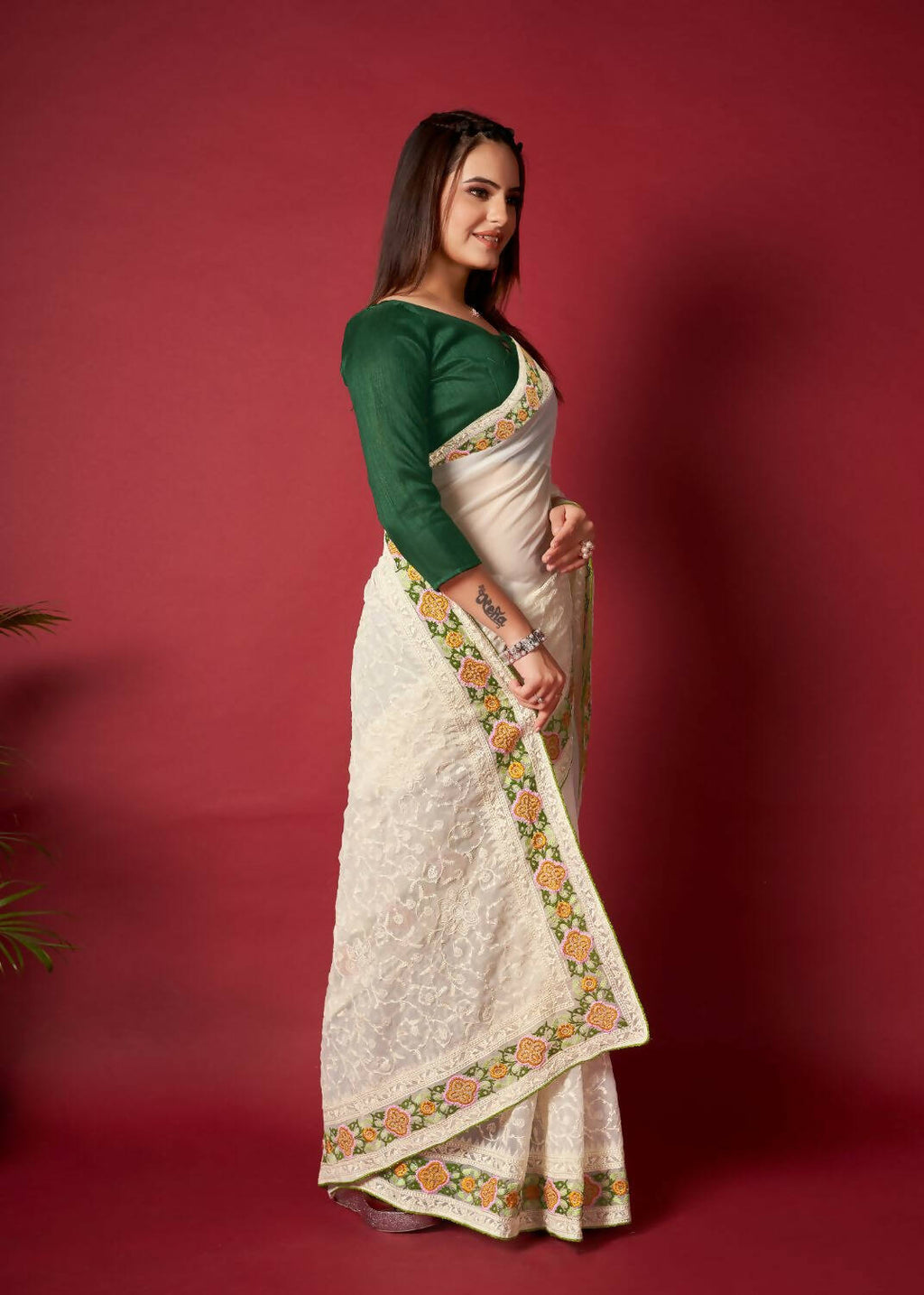 Vamsee White Georgette Designer Saree