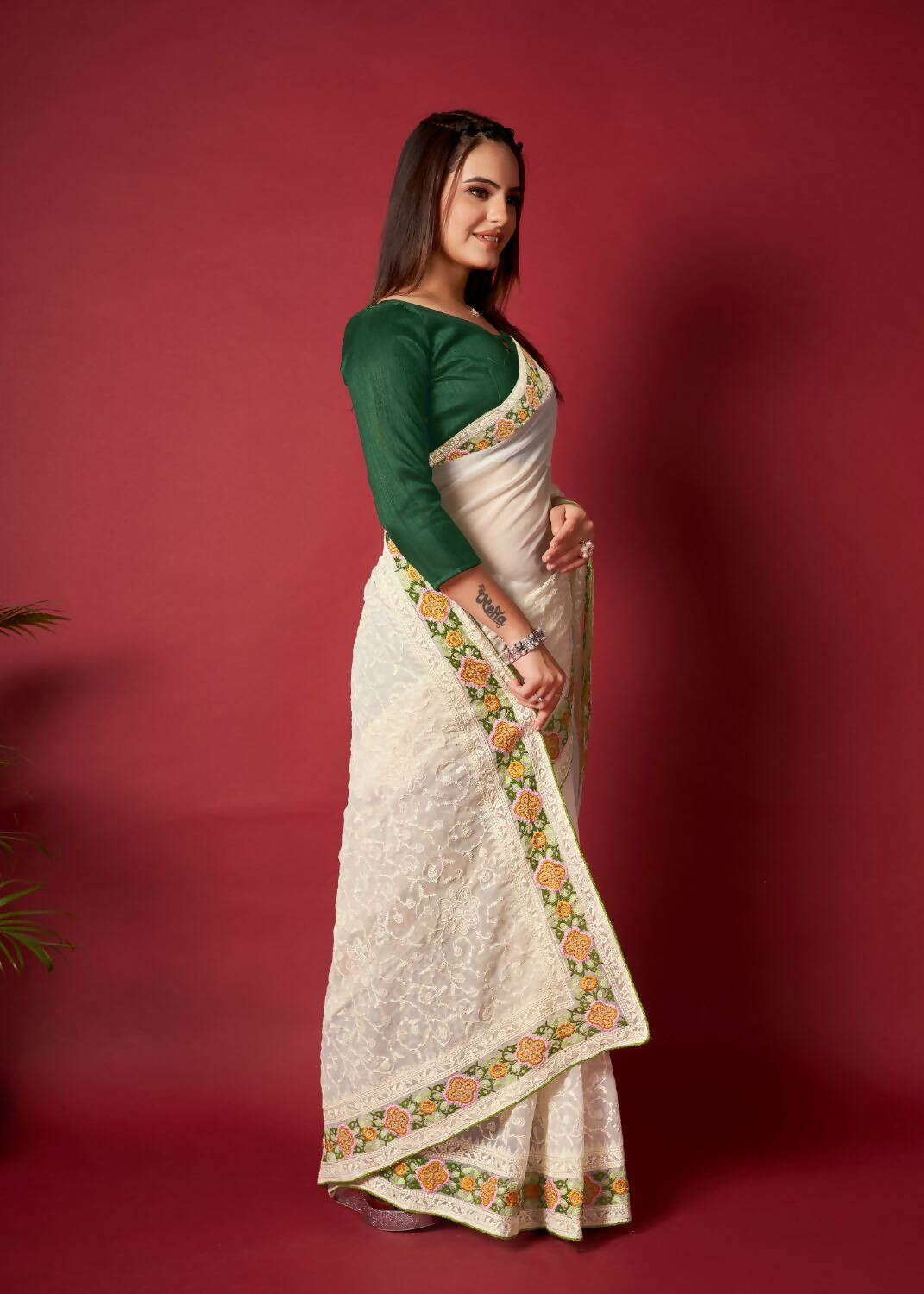 Vamsee White Georgette Designer Saree