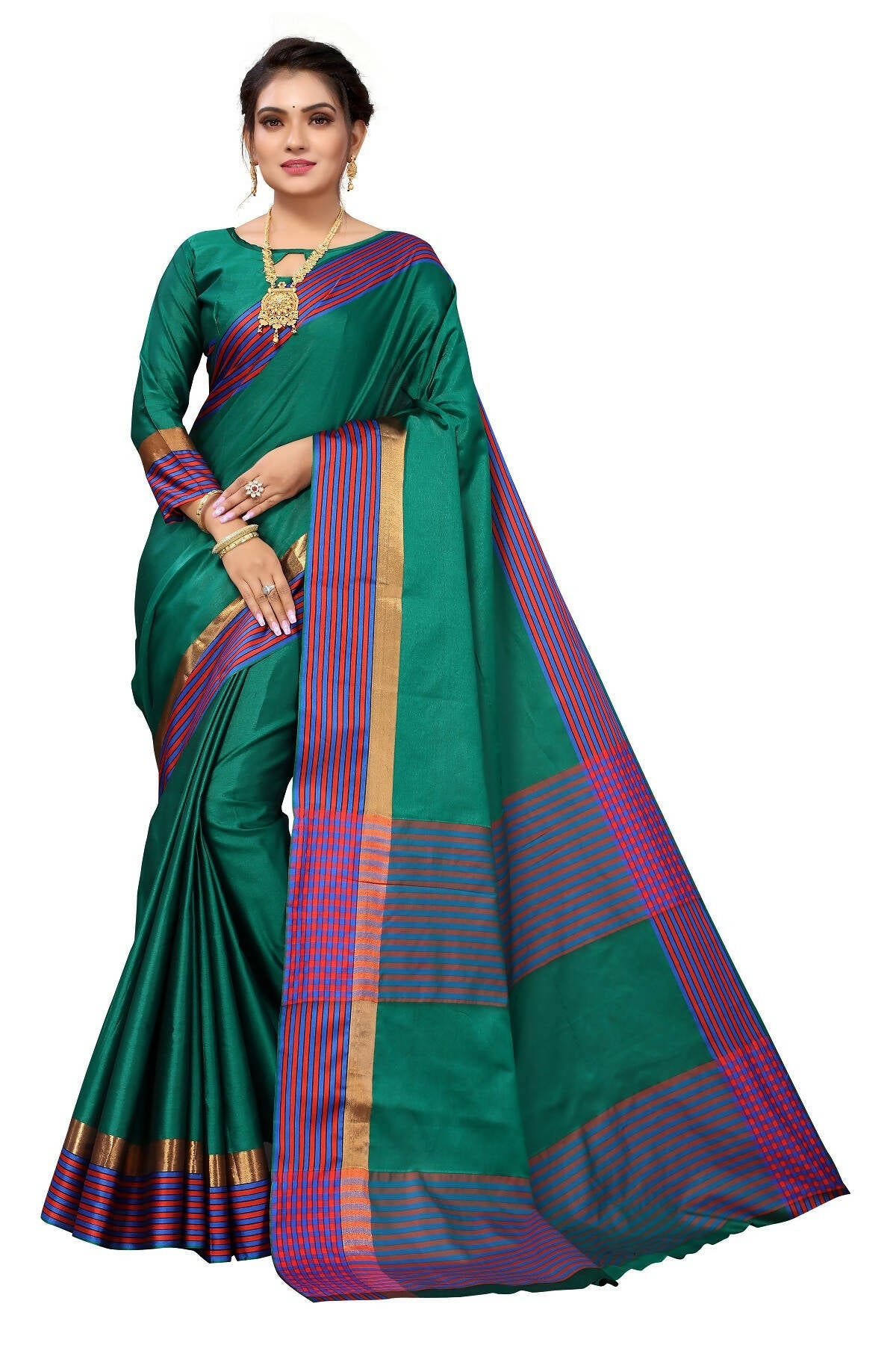 Vamika Ethnic Fire Green Cotton Silk Saree