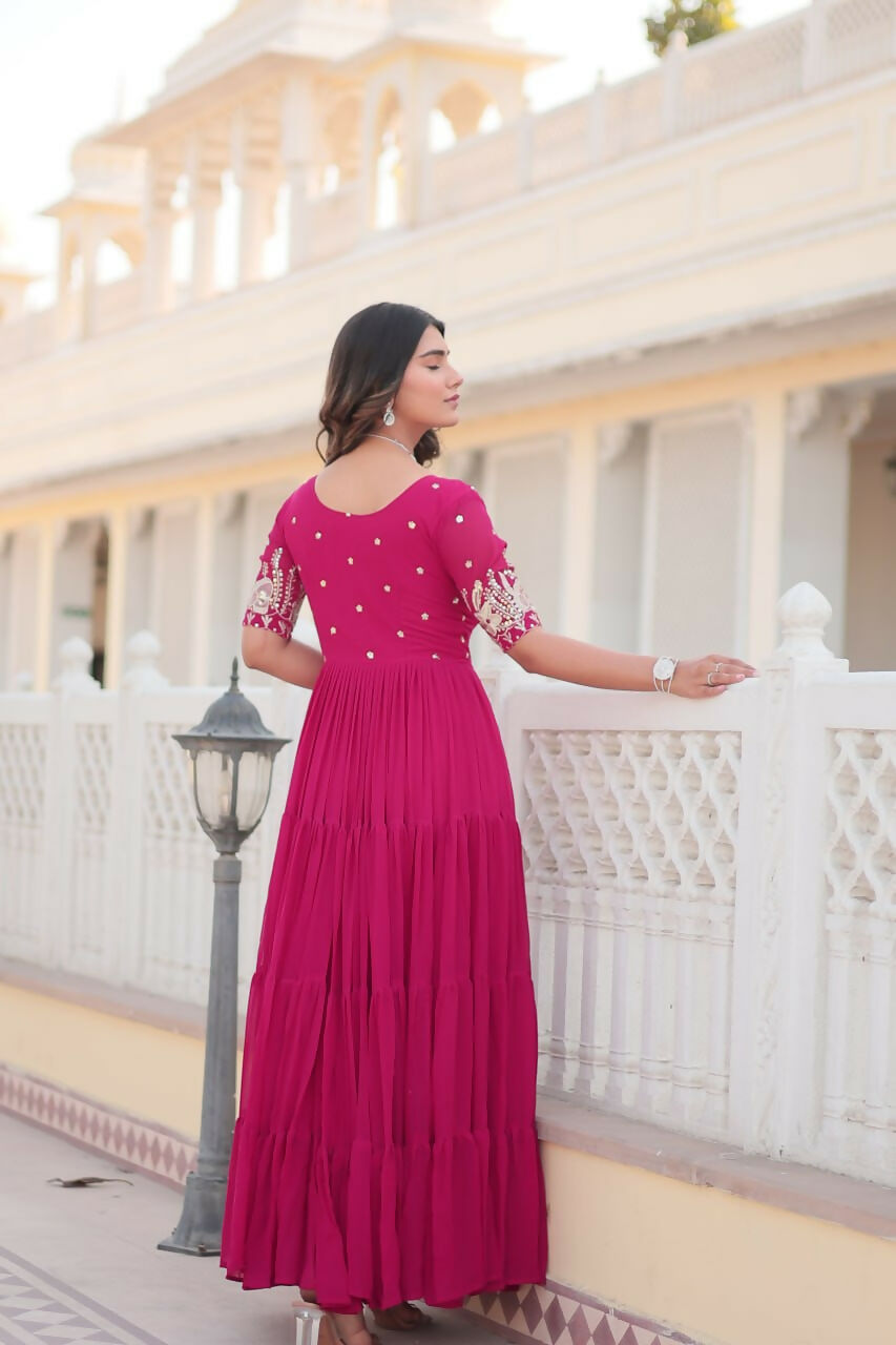 Vastranavya Premium Designer Faux Blooming with Embroidery Zari Sequins work Gown - Pink