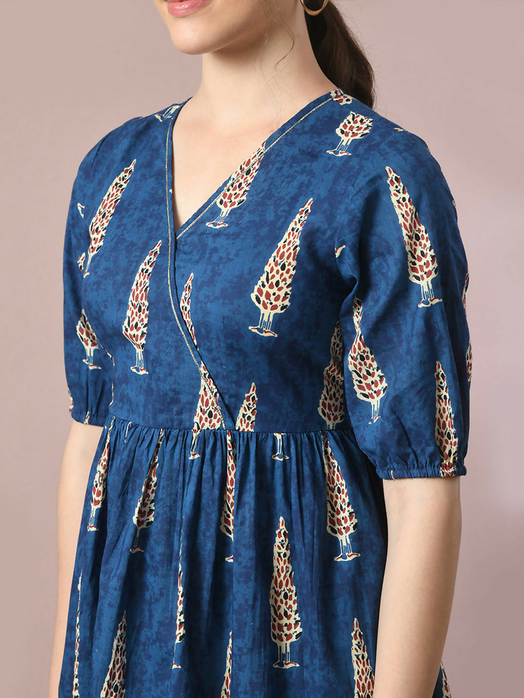 Myshka Women's Blue Printed Cotton V-Neck Empire Party Dress