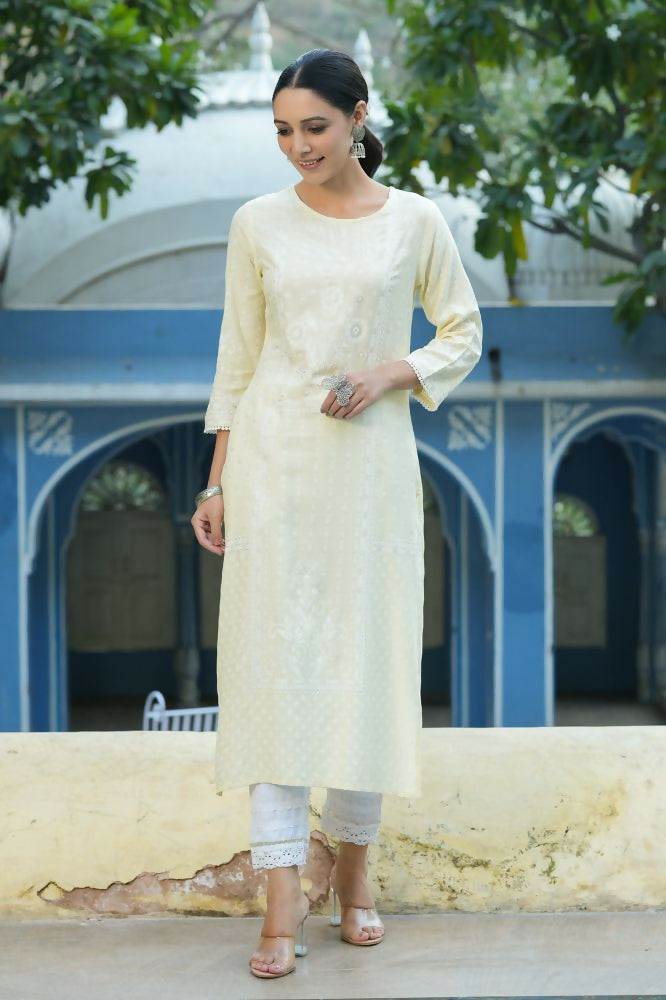 Juniper Light Yellow Ethnic Motif Printed Rayon Kurta With Lace Work