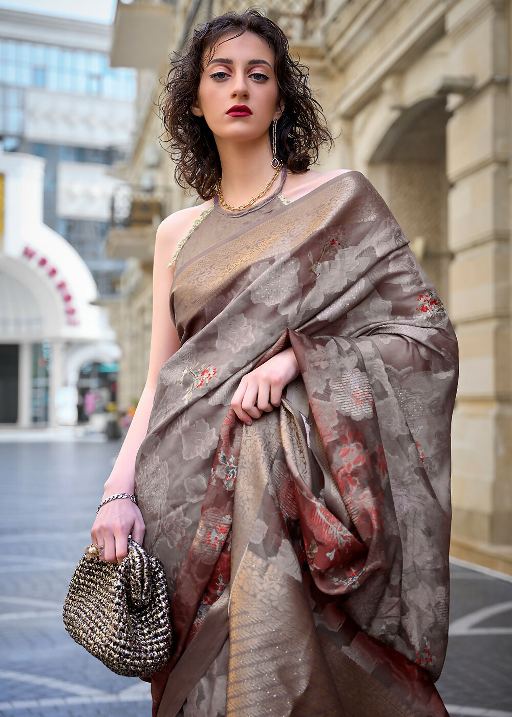 Lovely Brown & Grey Polly Brasso Designer Saree - Emponline