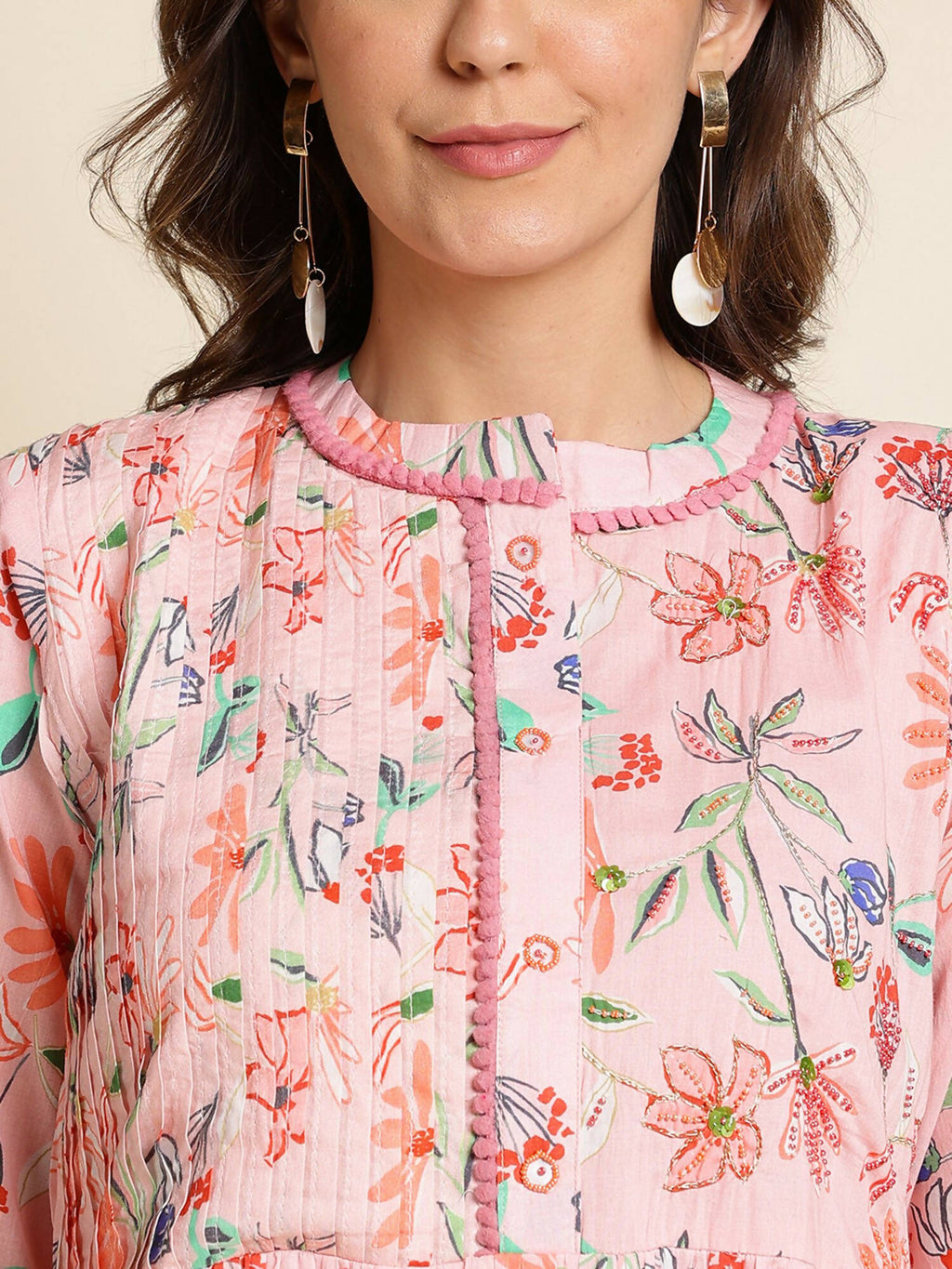 Pink Cotton Floral Printed Dress - Nandani