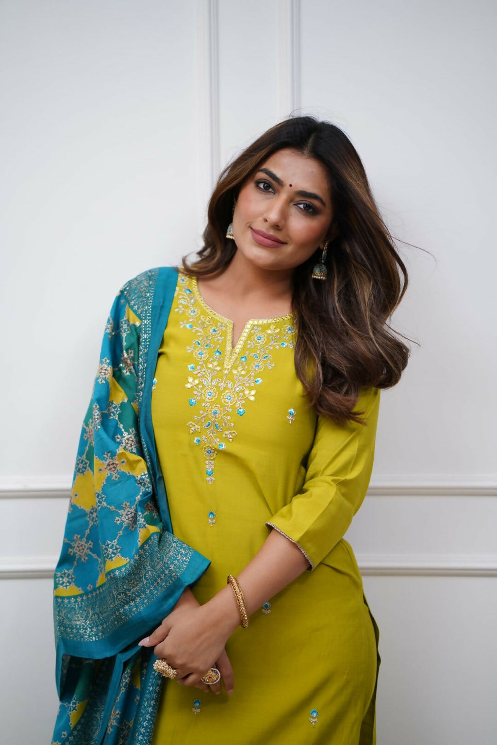 The52 Lemon Beautiful Embroidered Viscose Chanderi Fabric Straight Kurta Pant with Dupatta Set