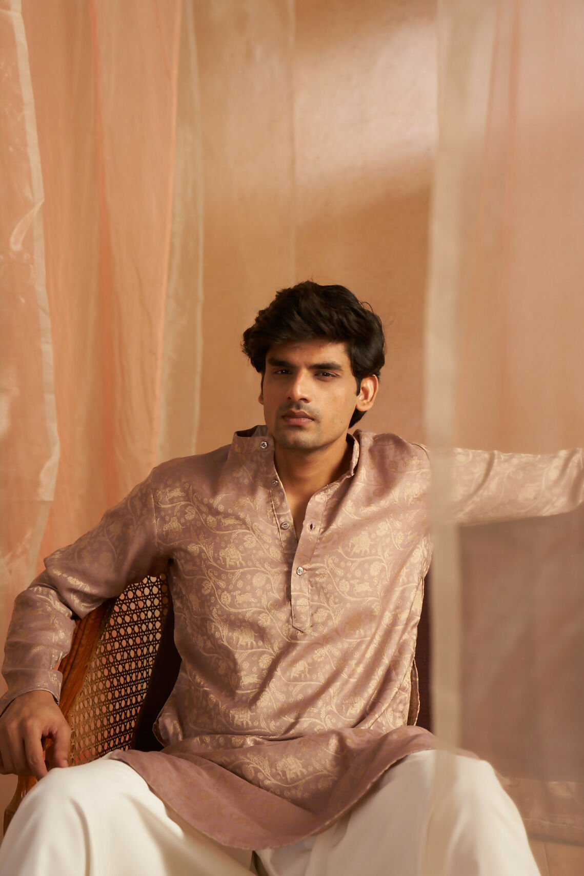 Mauve Modal Silk Wevon Designer Men's Kurta Set - Mahotsav