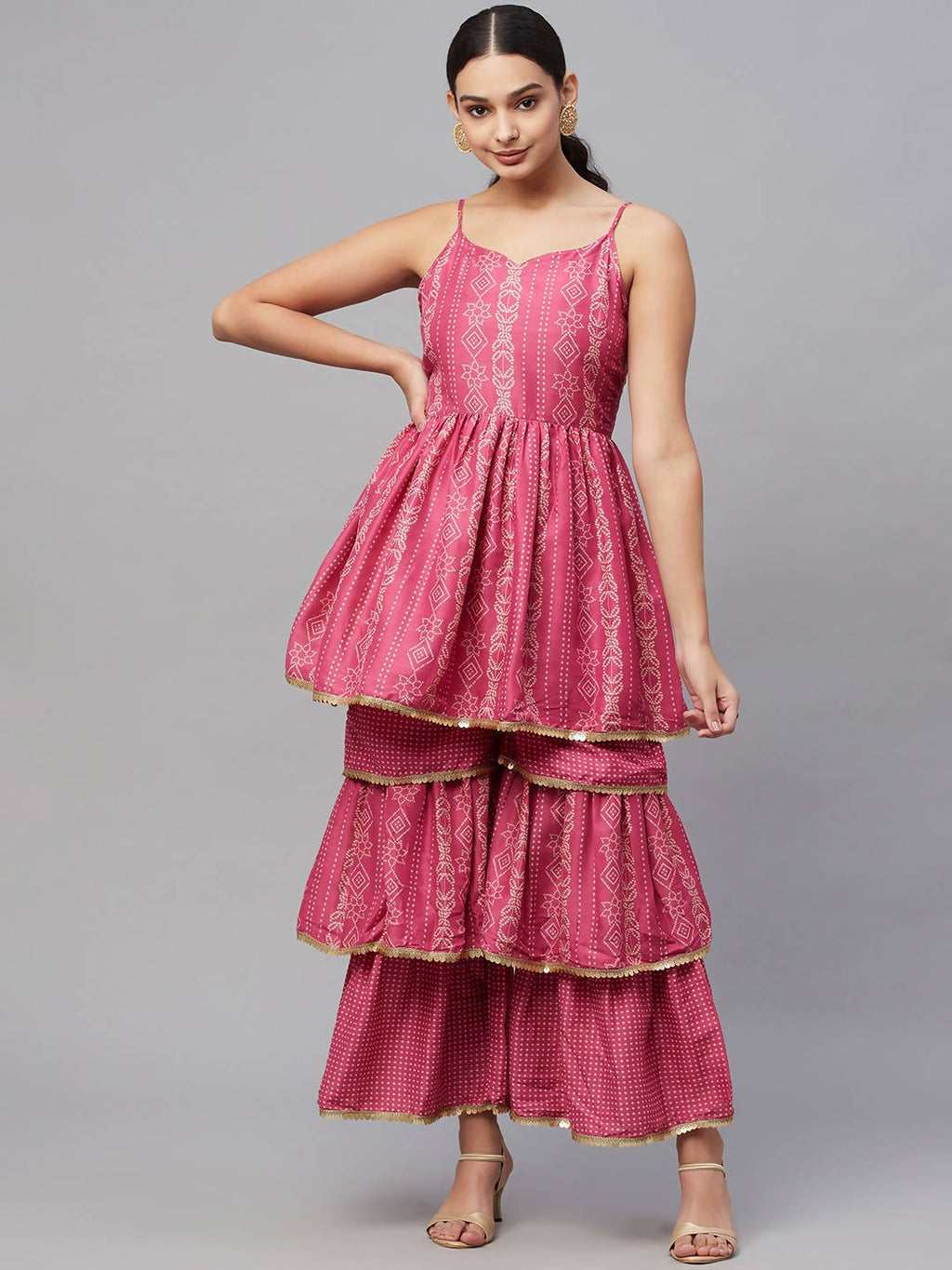 Myshka Pink Printed Sleeveless V Kurti Sharara Set