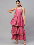 Myshka Pink Printed Sleeveless V Kurti Sharara Set