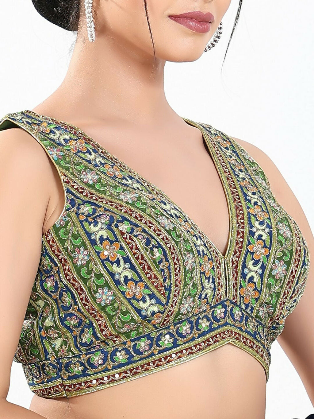 Joban Fashion Green Multi Georgette Padded Blouse With V Neck Sleeveless