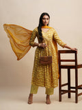 Mustard Pure Cotton Floral Printed Naira Cut Kurta And Bottom With Dupatta - Akashara