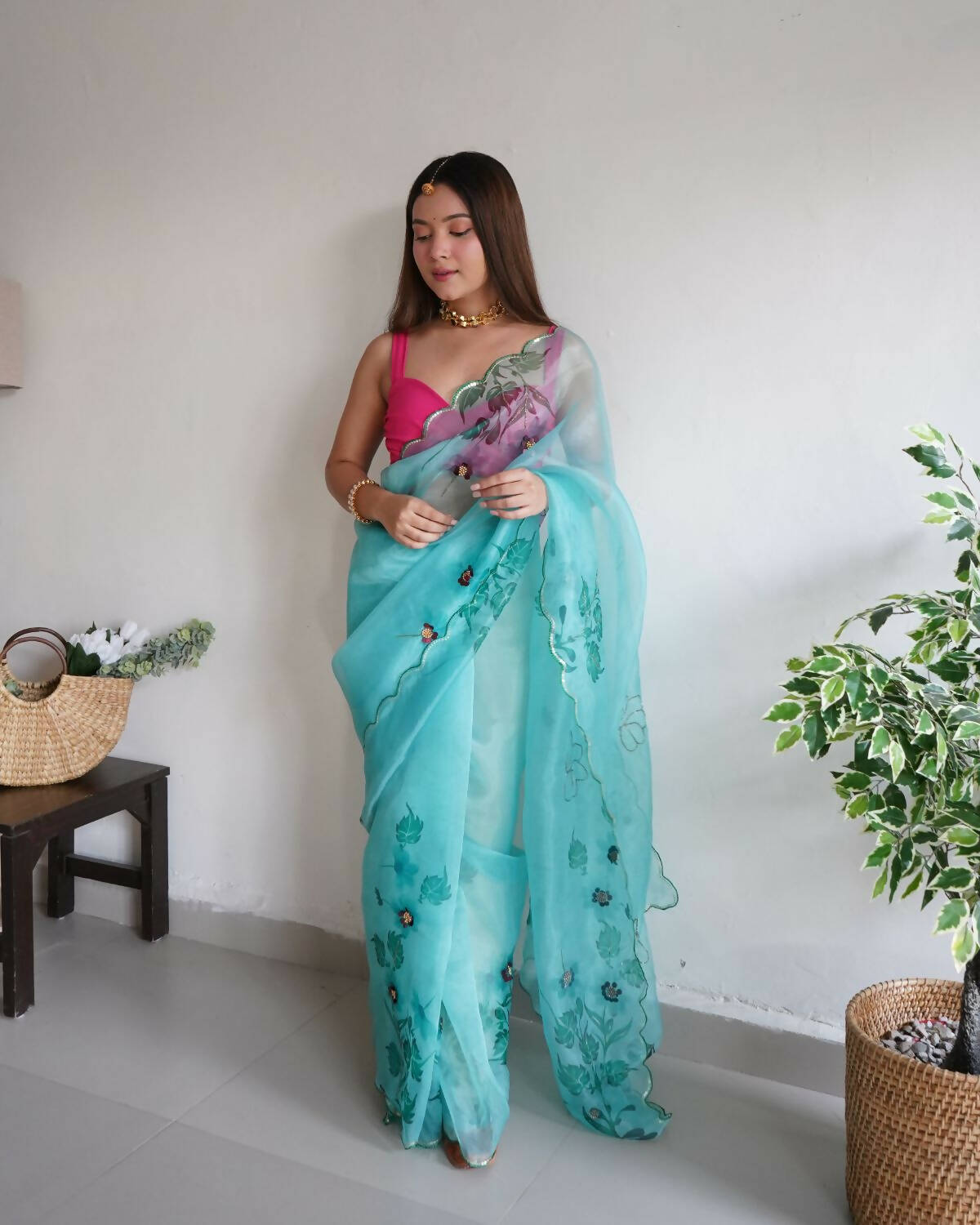 Vamsee Lime Green Organza Saree