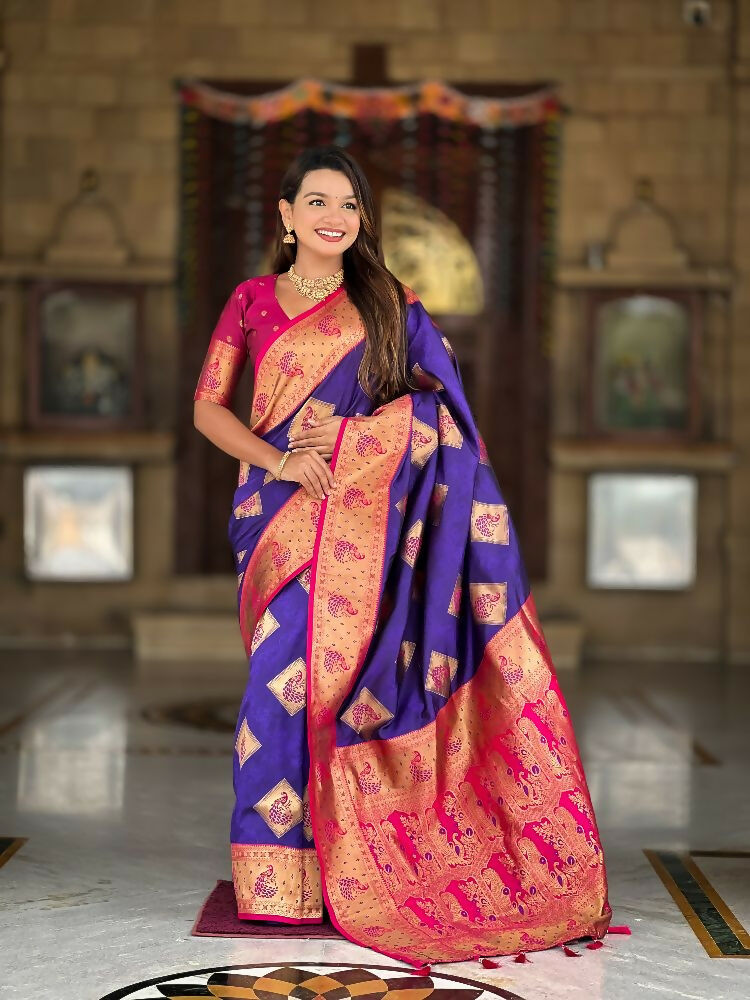 PR Fashion Violet Soft Banarasi Silk With Zari Weaving Meenakari Design Saree