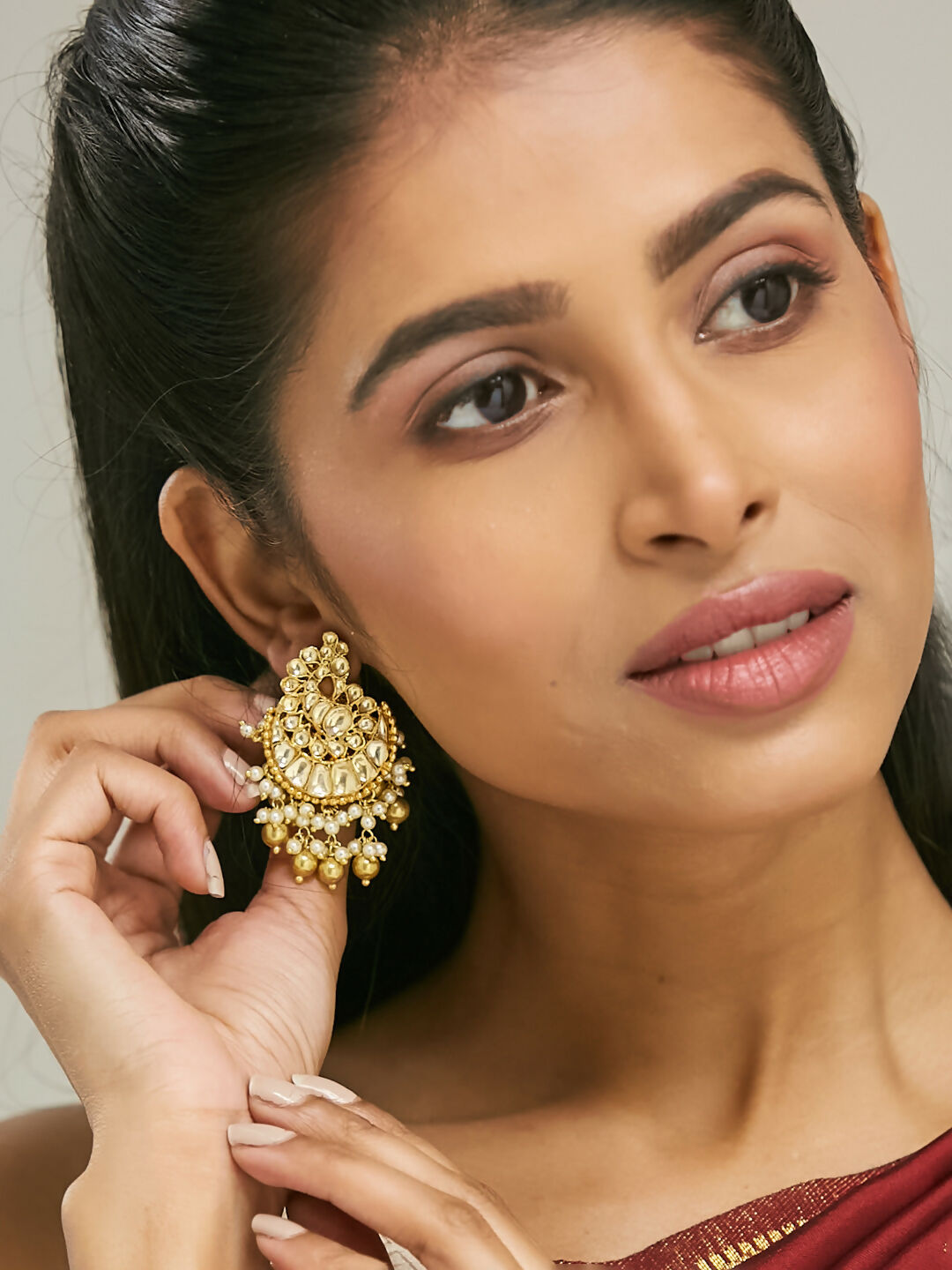 Nuyug 22K Gold-Plated Kundan Stone Studded & Pearl Drop Beaded Crescent Shaped Chandbalis