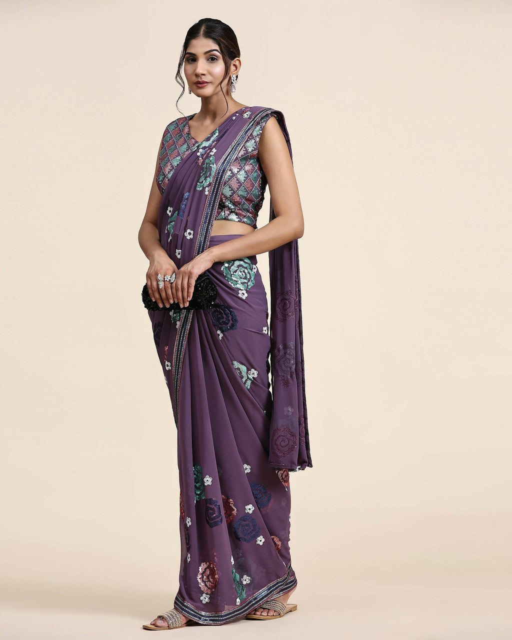 Purple Pure Georgette Sequence work Ready to wear Saree with stitched Blouse - Nirvana