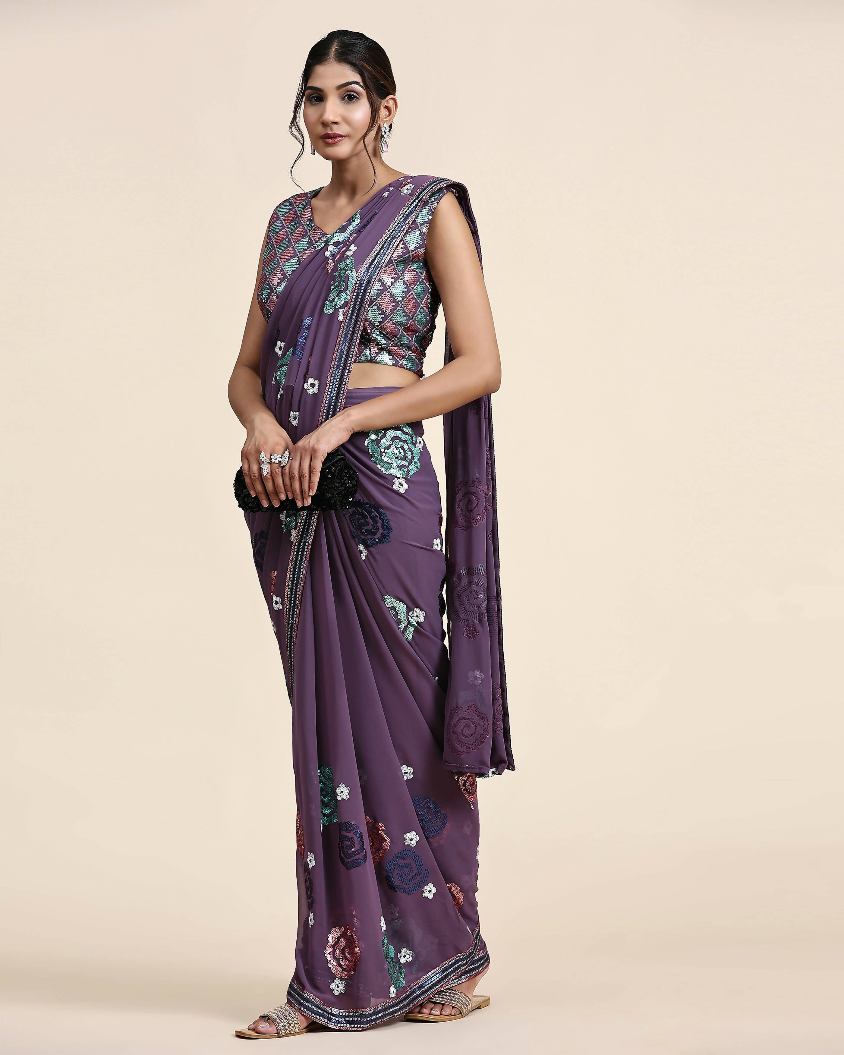 Purple Pure Georgette Sequence work Ready to wear Saree with stitched Blouse - Nirvana