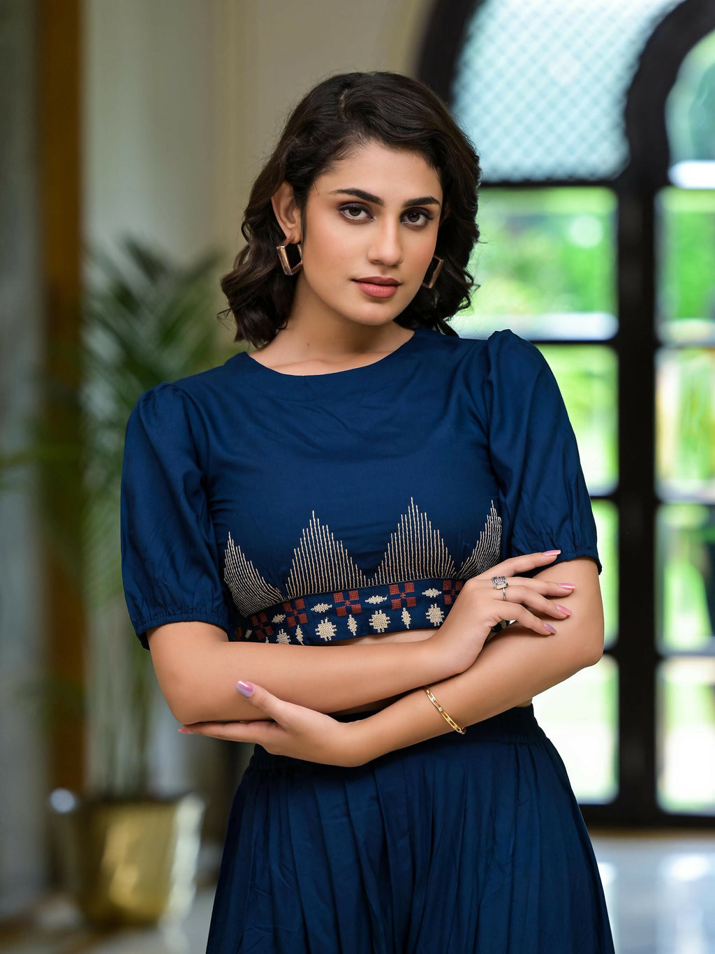 Juniper Women's Navy Thread Embroidered Rayon Top & Dhoti Pant Set