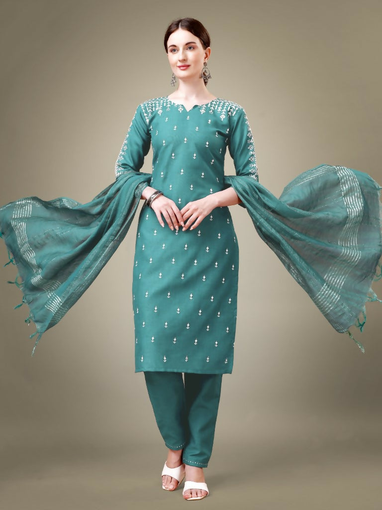 Jyoti Fashion Women's Teal Cotton Blend Embroidery & Sequence work Kurta with Trouser & Dupatta
